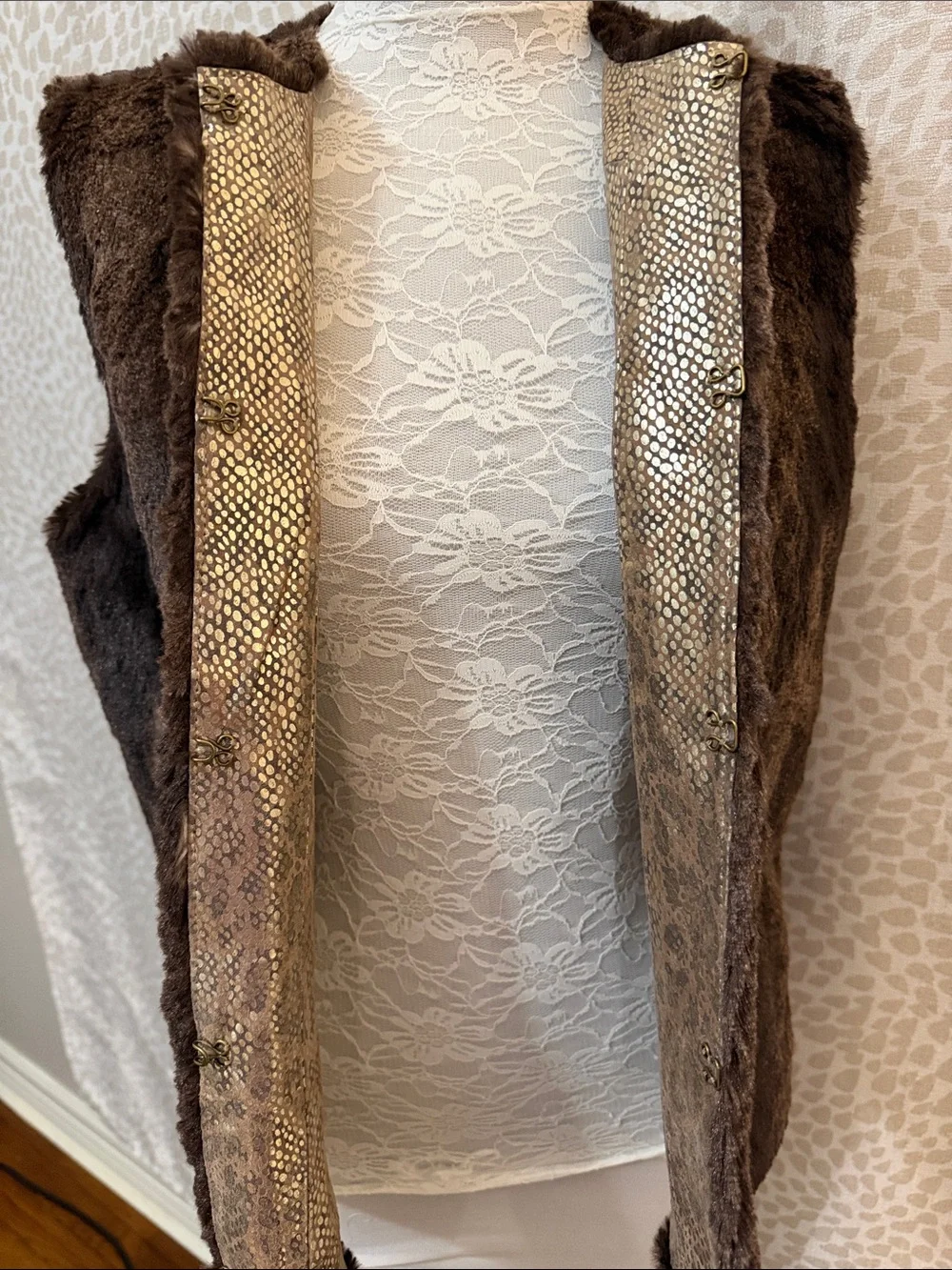 Brown Faux Fur Leather lined gold Open-Front Vest